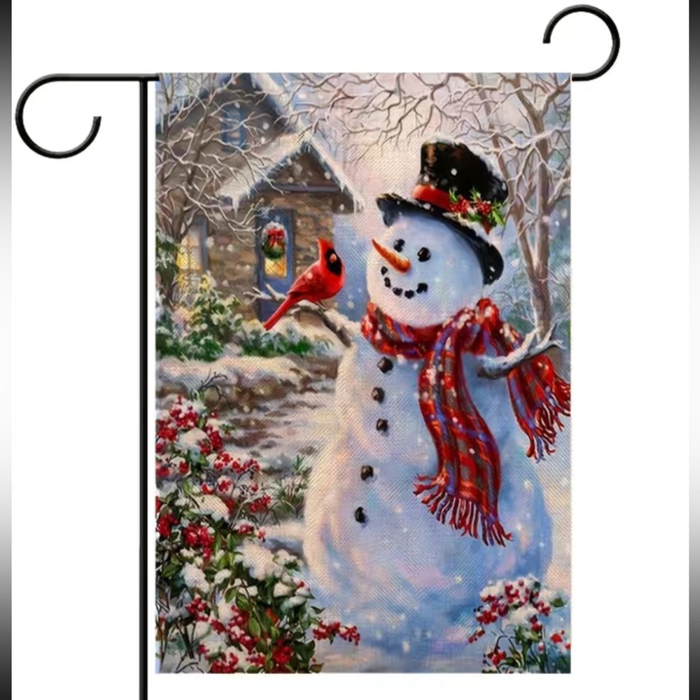 NIP 1pc, 12x18” Snowman & Cardinal Garden Flag,Burlap, Double Sided